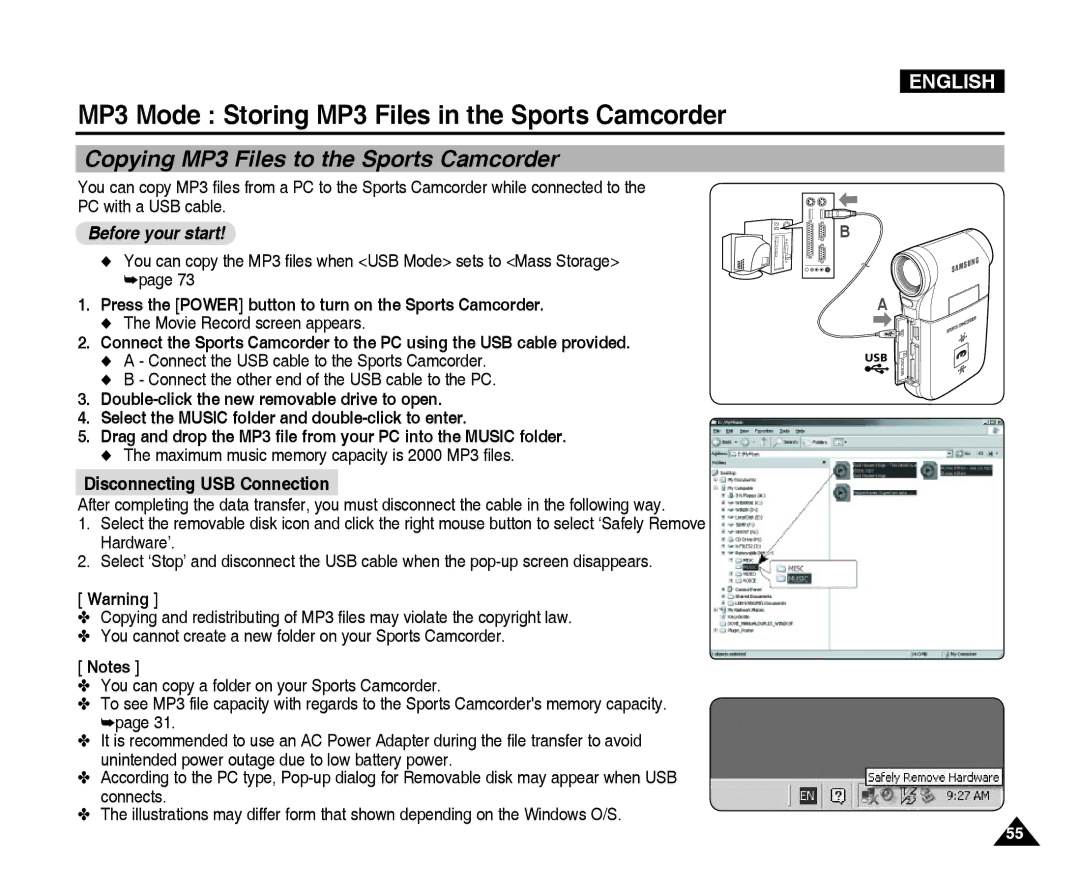 Samsung VP-X300L manual MP3 Mode Storing MP3 Files in the Sports Camcorder, Copying MP3 Files to the Sports Camcorder 