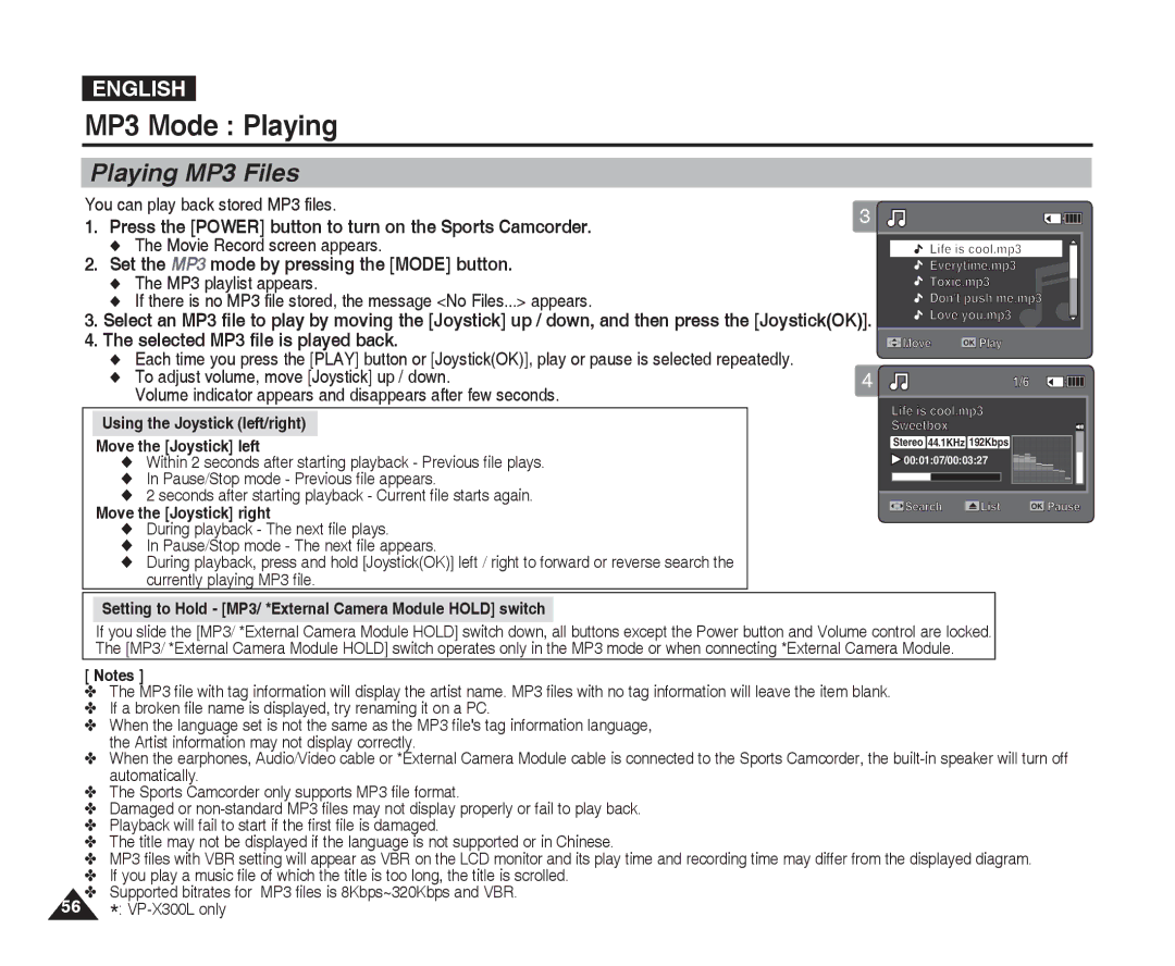 Samsung VP-X300 MP3 Mode Playing, Playing MP3 Files, Set the MP3 mode by pressing the Mode button, MP3 playlist appears 