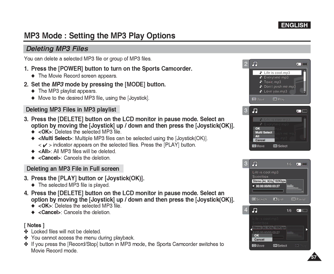 Samsung VP-X300L MP3 Mode Setting the MP3 Play Options, Deleting MP3 Files, Set the MP3 mode by pressing the Mode button 