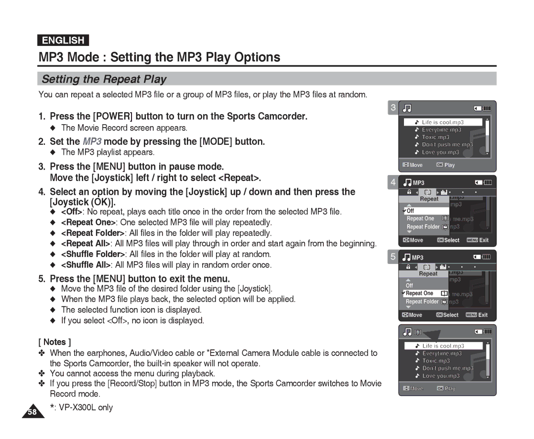 Samsung VP-X300L manual Setting the Repeat Play, MP3 playlist appears 