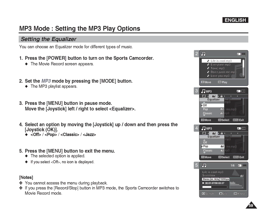 Samsung VP-X300L manual Setting the Equalizer, Movie Record screen appears. Everytime.mp3, Off / Pop / Classic / Jazz 