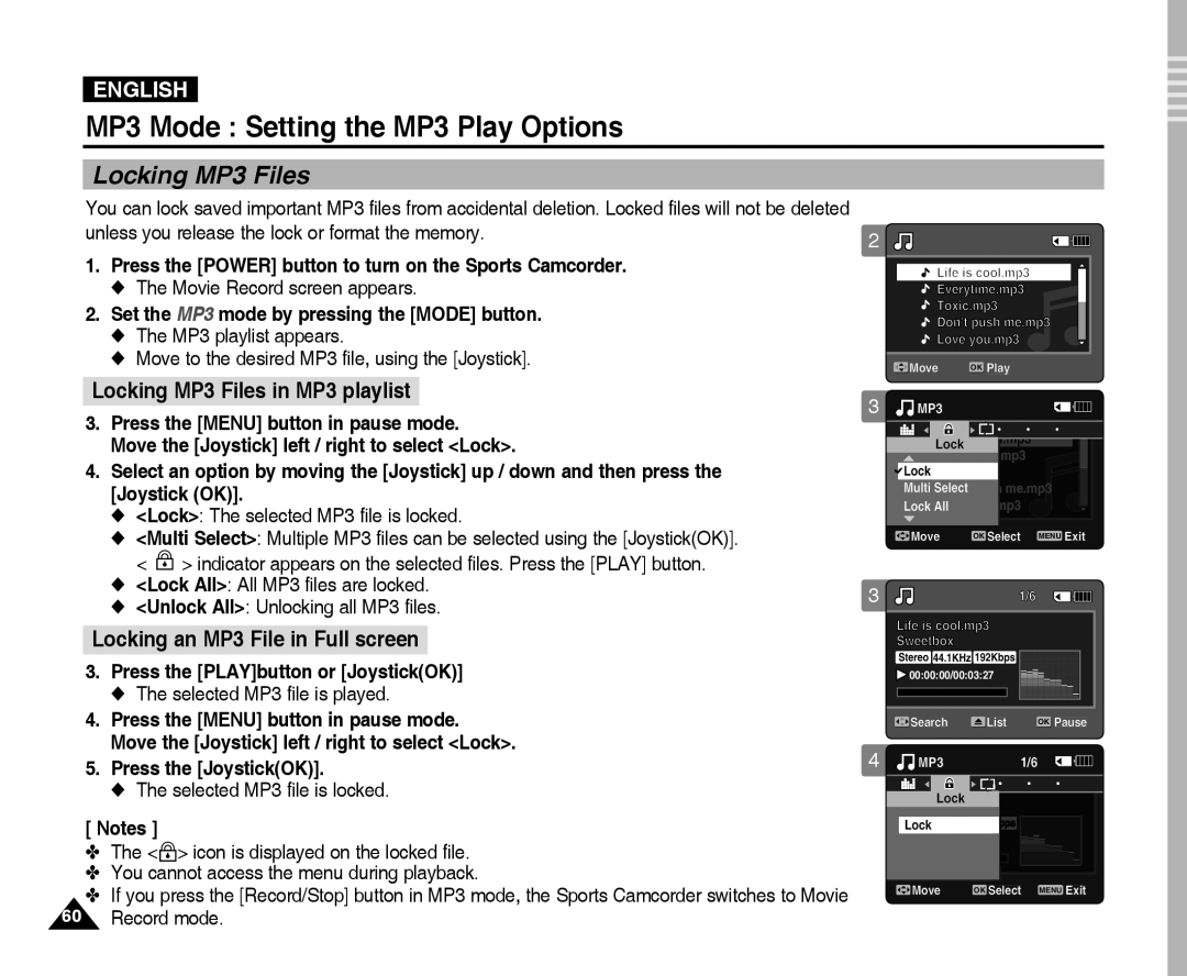 Samsung VP-X300L manual Locking MP3 Files in MP3 playlist, Locking an MP3 File in Full screen 