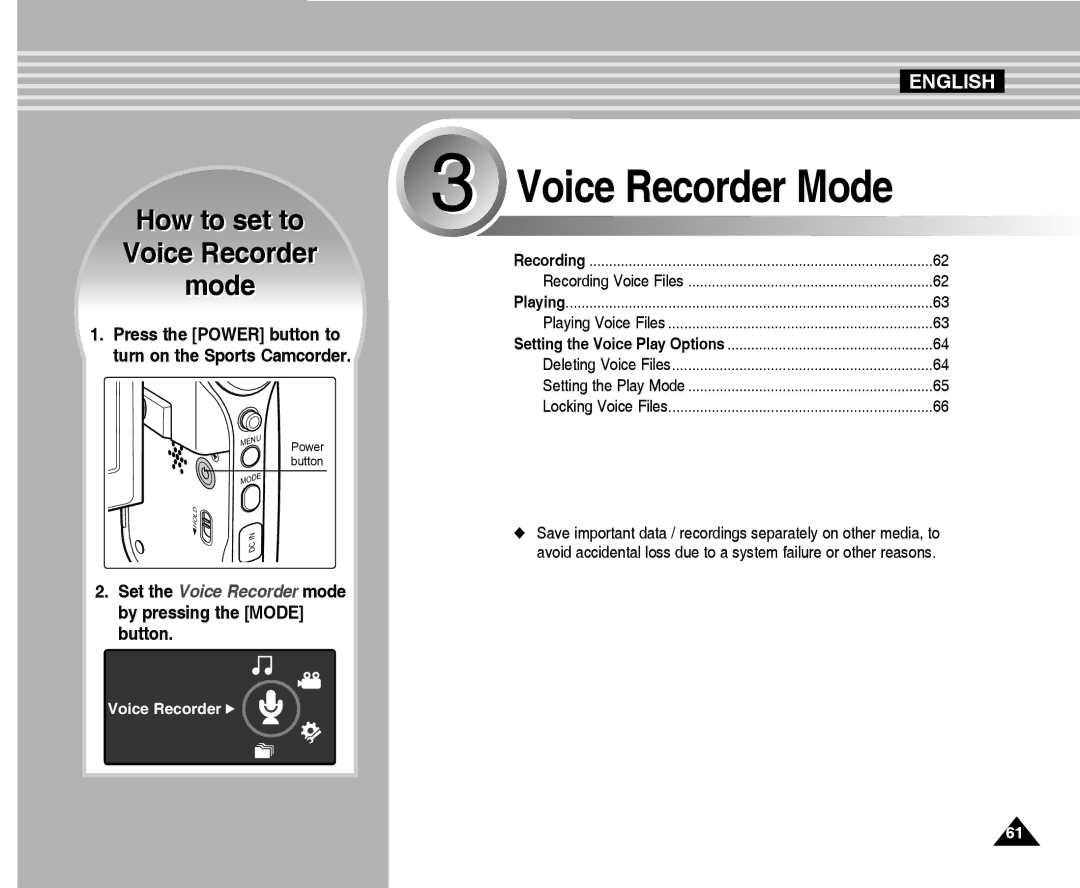 Samsung VP-X300L manual Voice Recorder Mode 