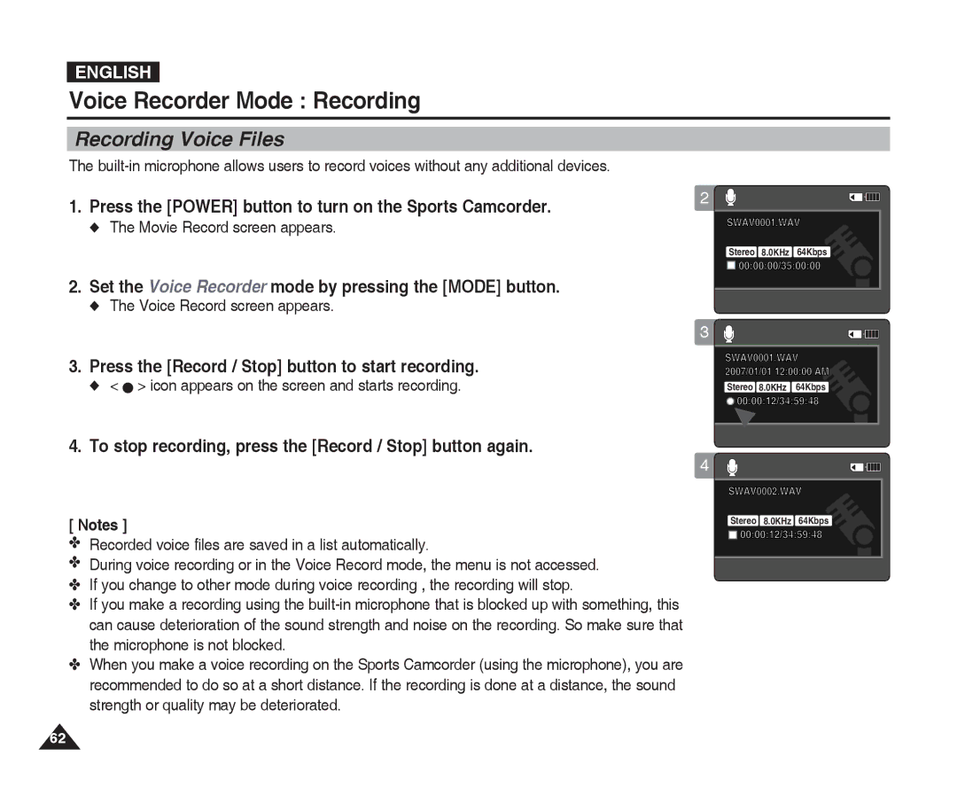 Samsung VP-X300 Voice Recorder Mode Recording, Recording Voice Files, Press the Record / Stop button to start recording 