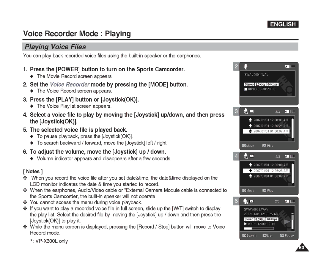 Samsung VP-X300L manual Voice Recorder Mode Playing, Playing Voice Files, To adjust the volume, move the Joystick up / down 