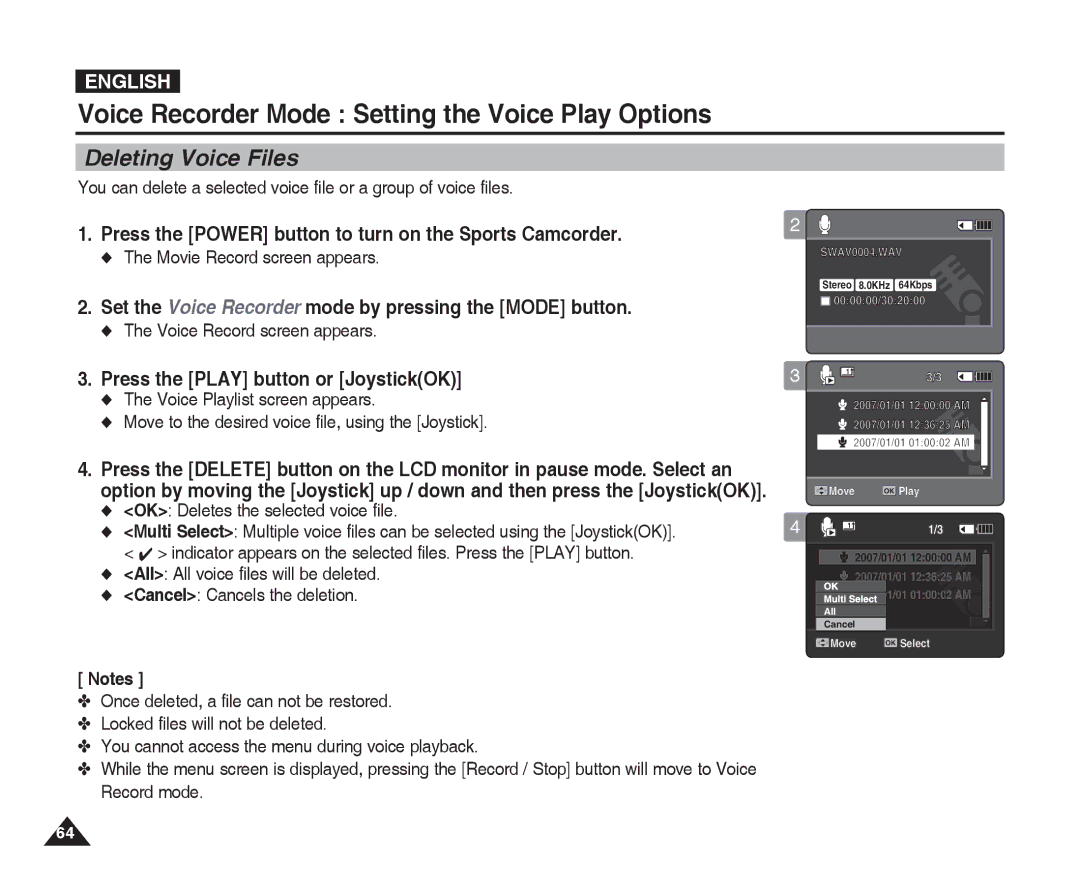 Samsung VP-X300L manual Voice Recorder Mode Setting the Voice Play Options, Deleting Voice Files 