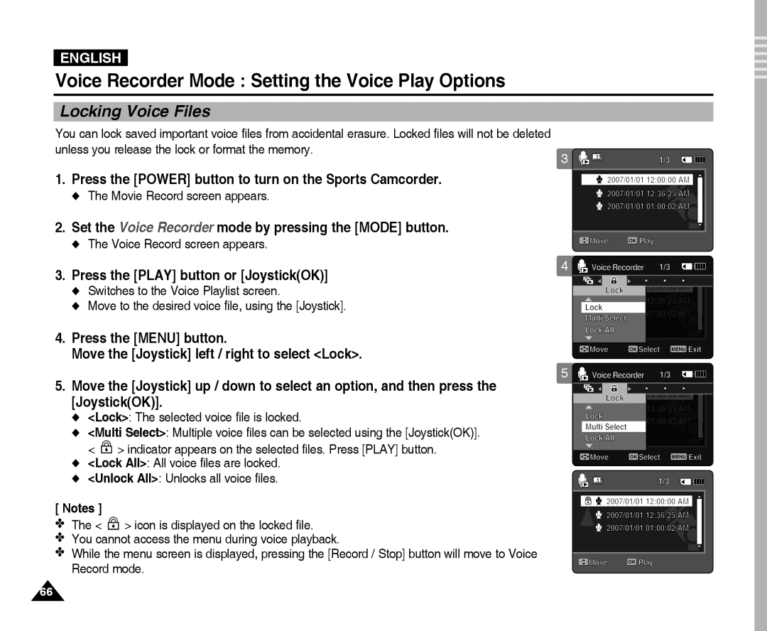 Samsung VP-X300L manual Locking Voice Files, Lock The selected voice file is locked 