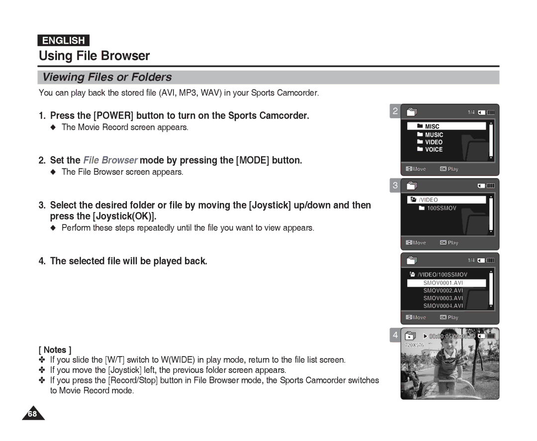 Samsung VP-X300 manual Using File Browser, Viewing Files or Folders, Set the File Browser mode by pressing the Mode button 