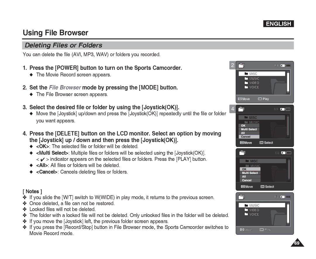 Samsung VP-X300L Deleting Files or Folders, Select the desired file or folder by using the JoystickOK, You want appears 