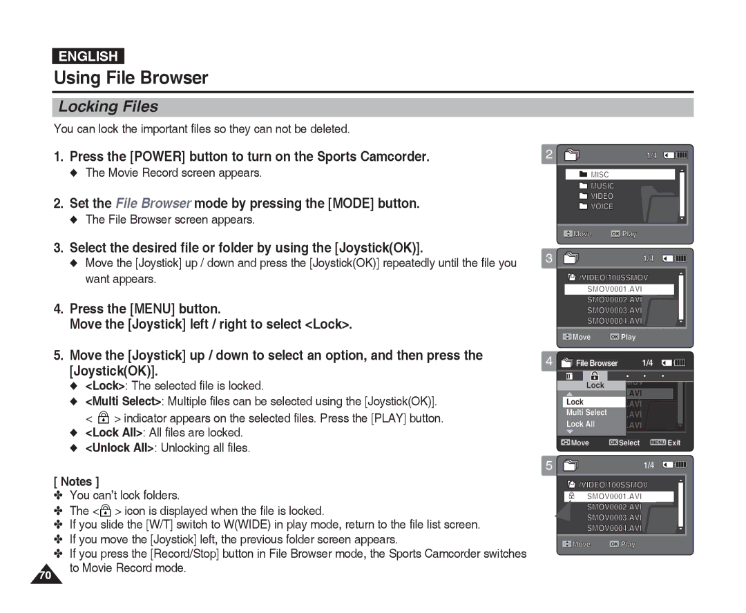 Samsung VP-X300 manual Locking1 Files, You can lock the important files so they can not be deleted, To Movie Record mode 