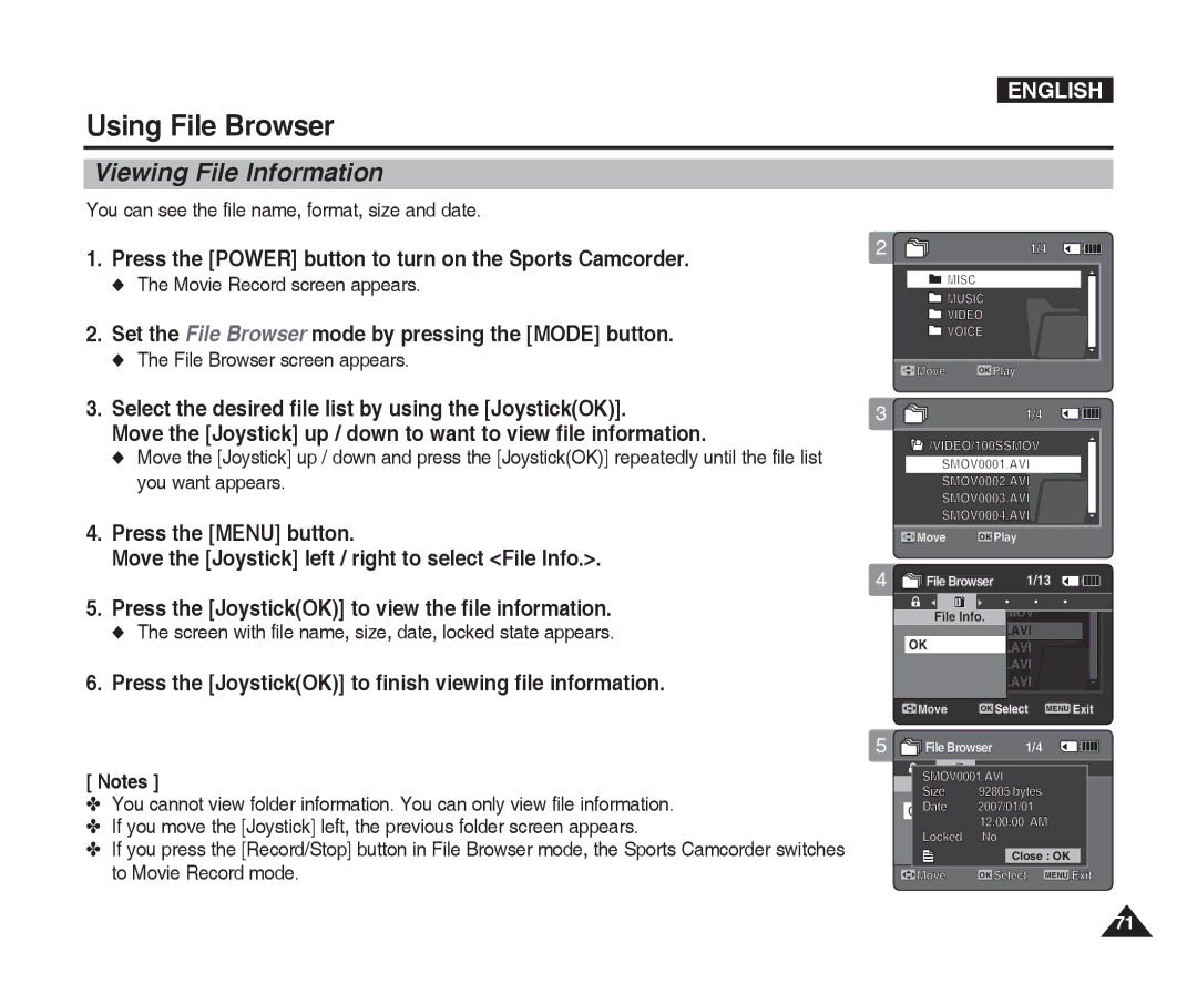 Samsung VP-X300L manual Viewing1 File Information, Press the JoystickOK to view the file information 