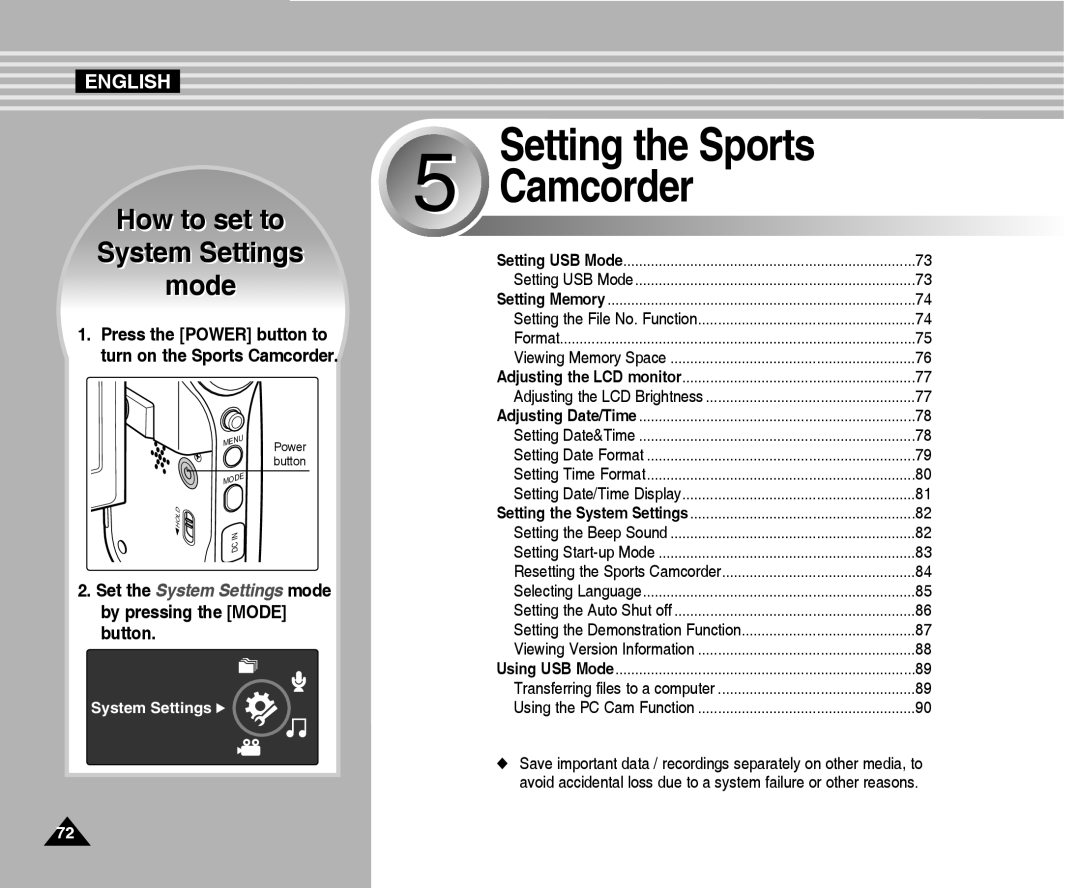 Samsung VP-X300L manual Setting the Sports Camcorder 