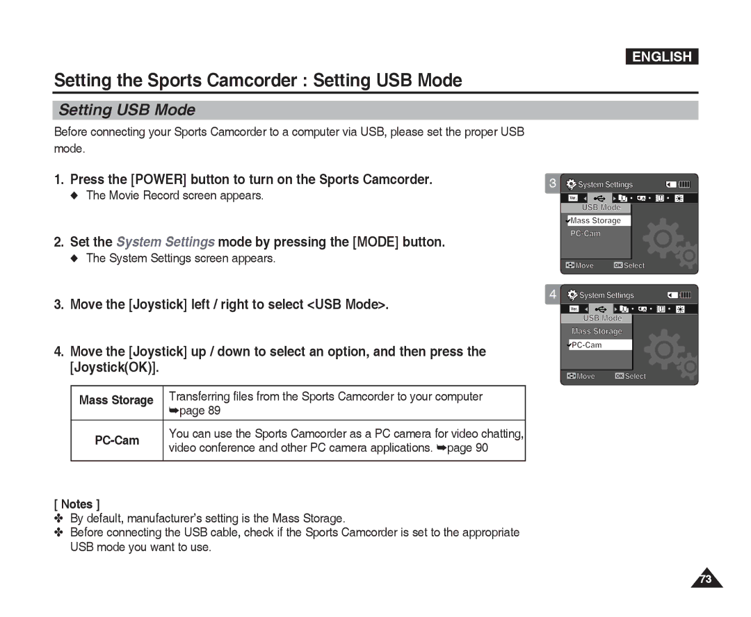 Samsung VP-X300L Setting the Sports Camcorder Setting USB Mode, Set the System Settings mode by pressing the Mode button 