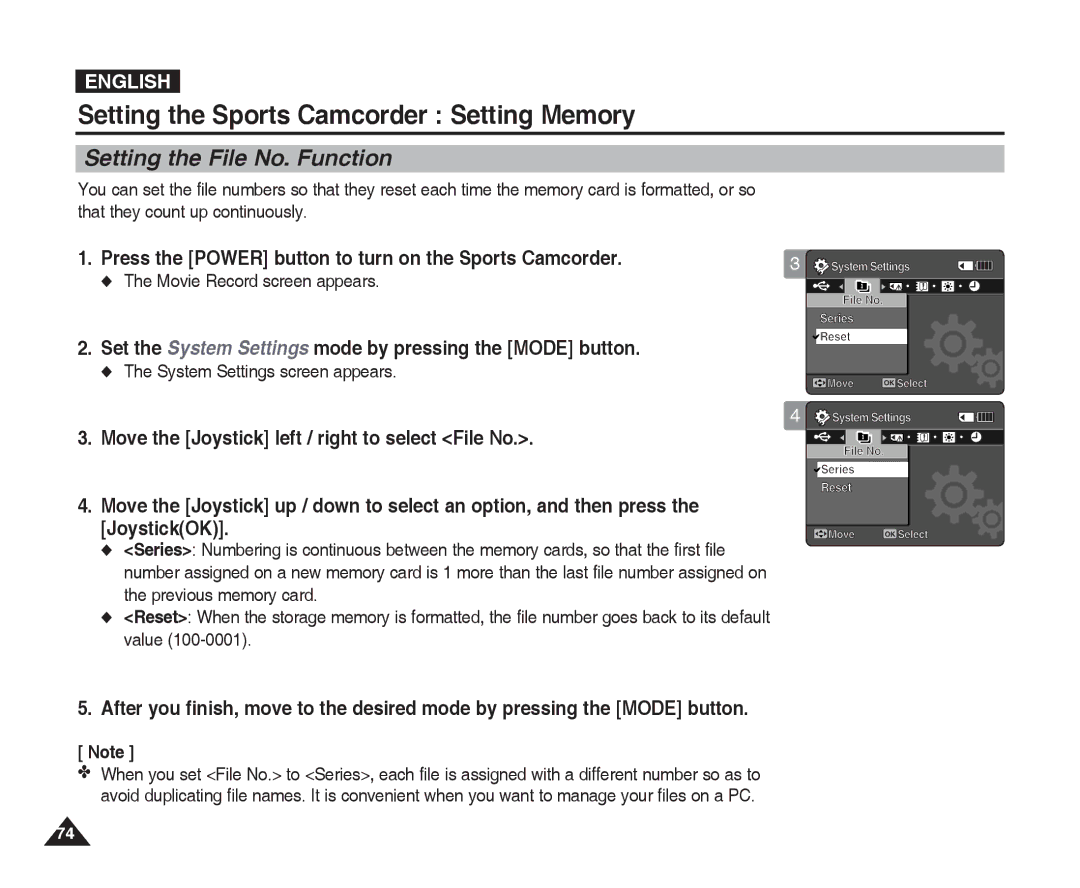 Samsung VP-X300L manual Setting the Sports Camcorder Setting Memory, Setting the File No. Function 