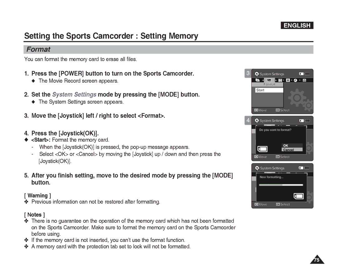 Samsung VP-X300L manual Format, You can format the memory card to erase all files 