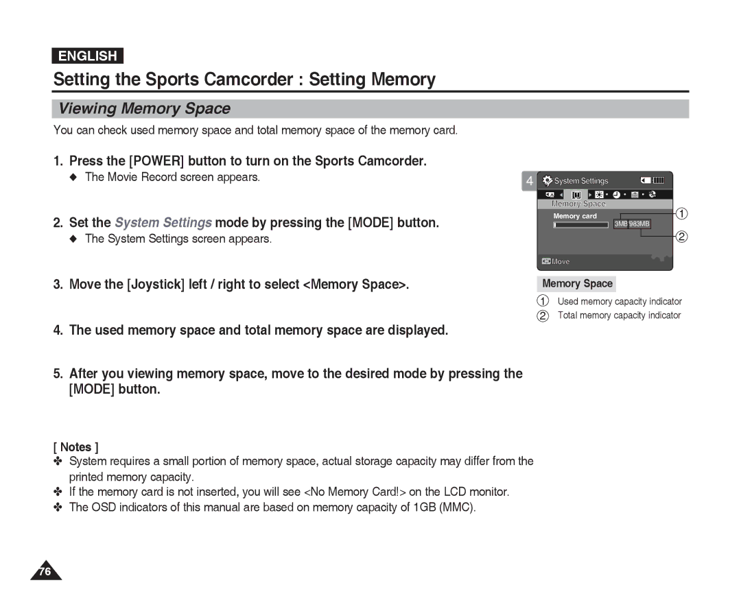 Samsung VP-X300L manual Viewing Memory Space 