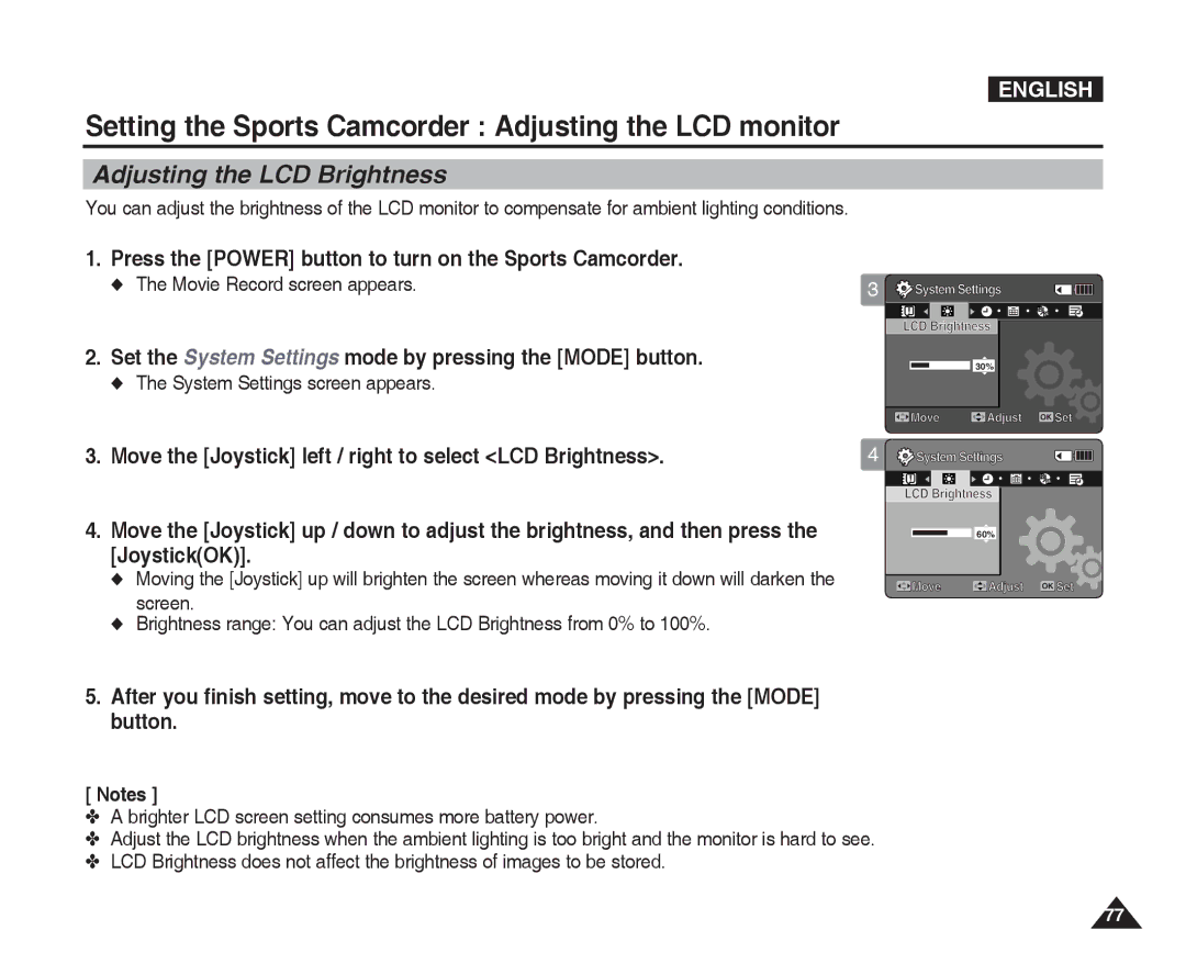 Samsung VP-X300L manual Setting the Sports Camcorder Adjusting the LCD monitor, Adjusting the LCD Brightness 