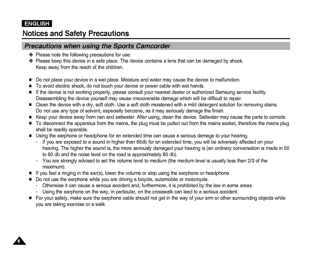 Samsung VP-X300L manual Precautions when using the Sports Camcorder 