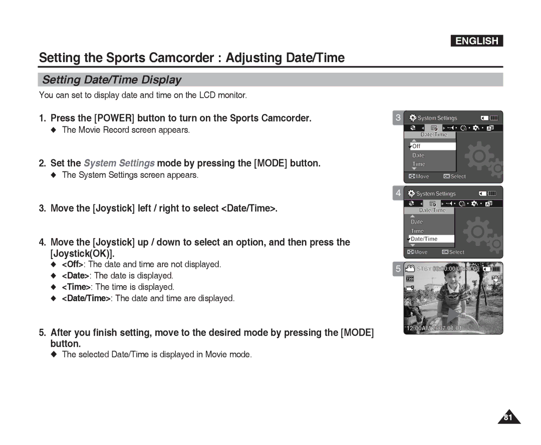 Samsung VP-X300L manual Setting Date/Time Display, You can set to display date and time on the LCD monitor 