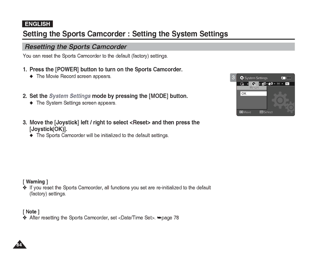 Samsung VP-X300L manual Resetting the Sports Camcorder 