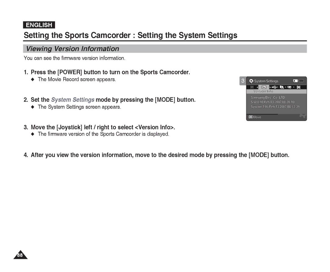 Samsung VP-X300L manual Viewing Version Information, Move the Joystick left / right to select Version Info 