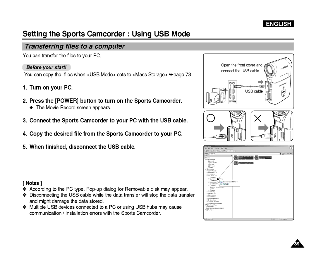 Samsung VP-X300L manual Setting the Sports Camcorder Using USB Mode, Transferring files to a computer 