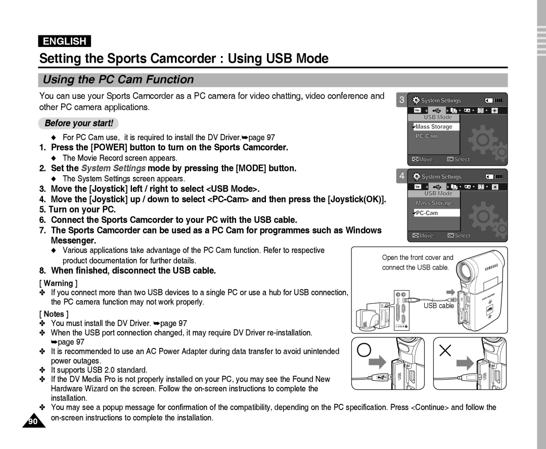 Samsung VP-X300L manual Other PC camera applications, Move the Joystick left / right to select USB Mode, Turn on your PC 