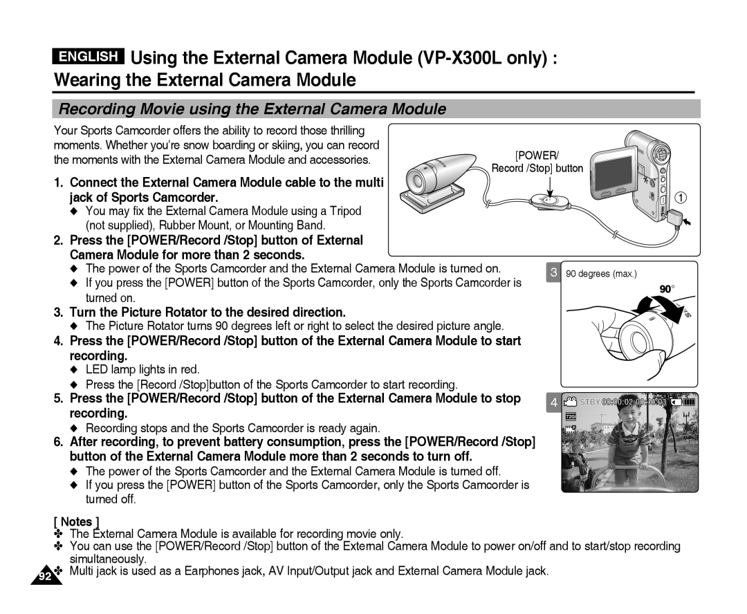 Samsung VP-X300L manual Turn the Picture Rotator to the desired direction, Recording, Turned on 