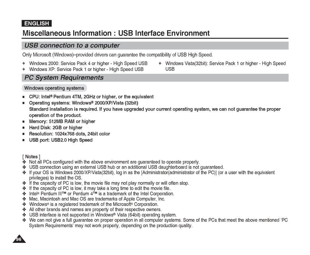 Samsung VP-X300 Miscellaneous Information USB Interface Environment, USB connection to a computer, PC System Requirements 