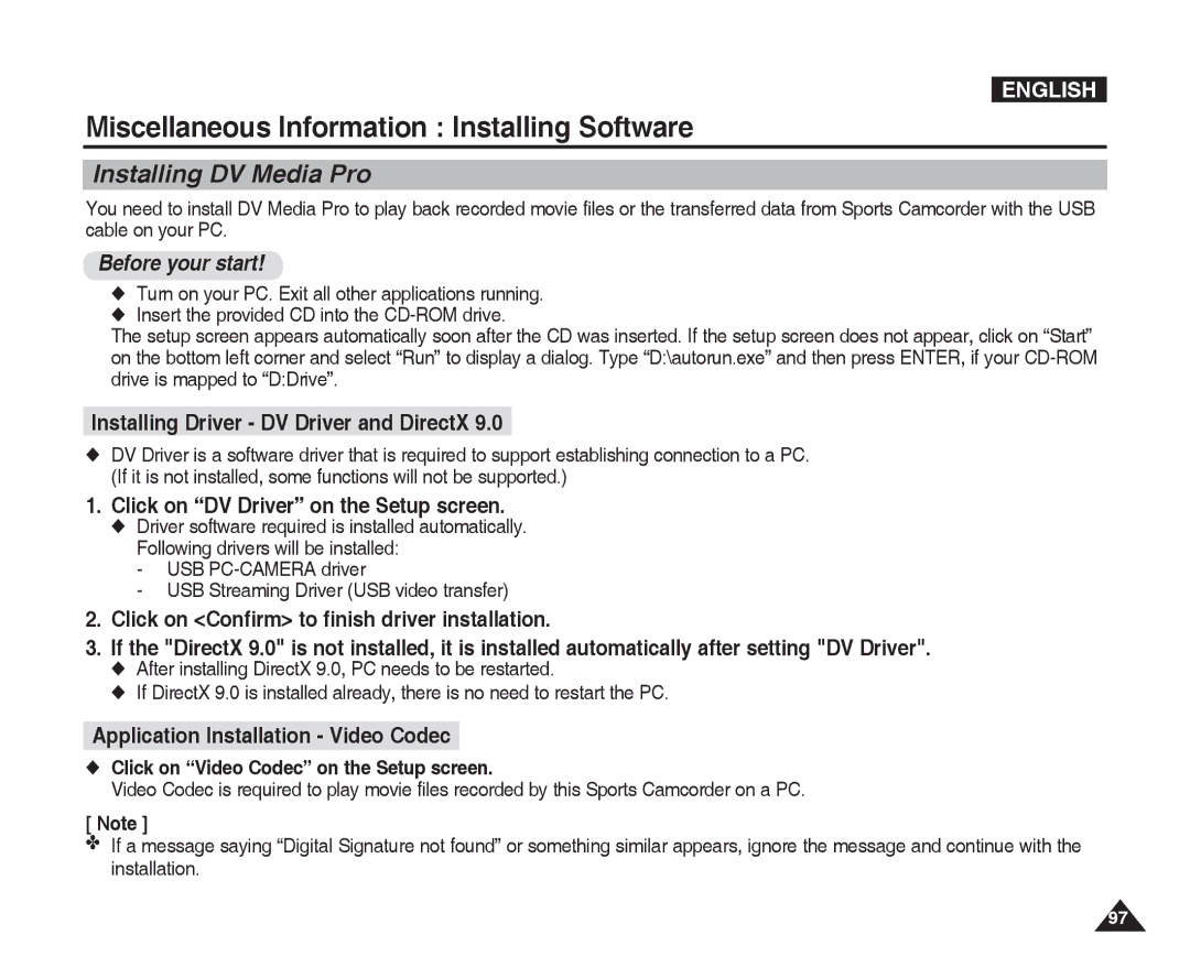 Samsung VP-X300L manual Miscellaneous Information Installing Software, Installing DV Media Pro 