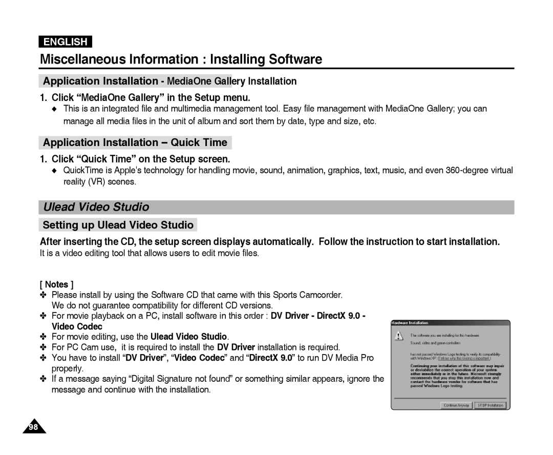 Samsung VP-X300L manual Setting up Ulead Video Studio, Video Codec 