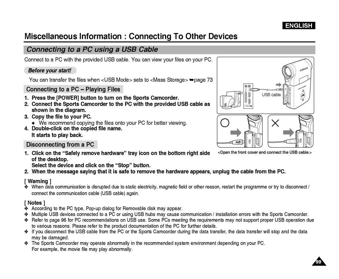 Samsung VP-X300L manual Miscellaneous Information Connecting To Other Devices, Connecting to a PC using a USB Cable 