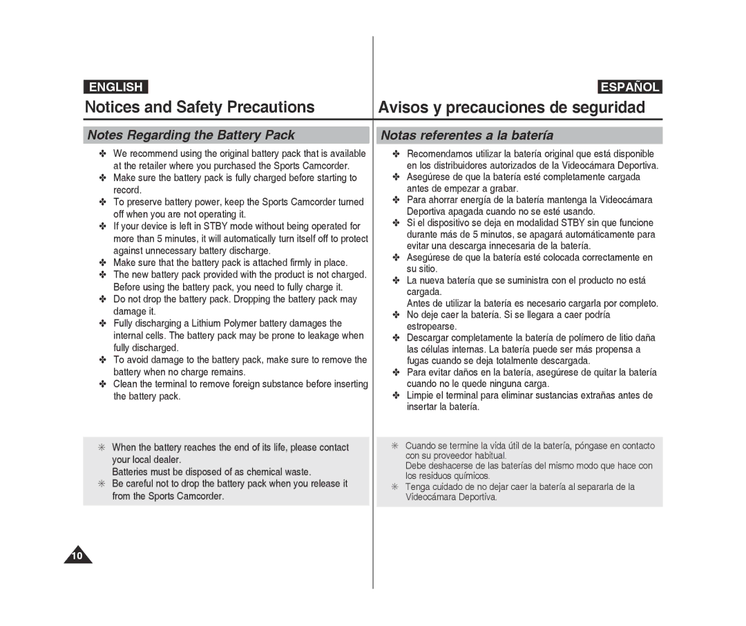 Samsung VP-X300L/XEE manual Notas referentes a la batería, Make sure that the battery pack is attached firmly in place 