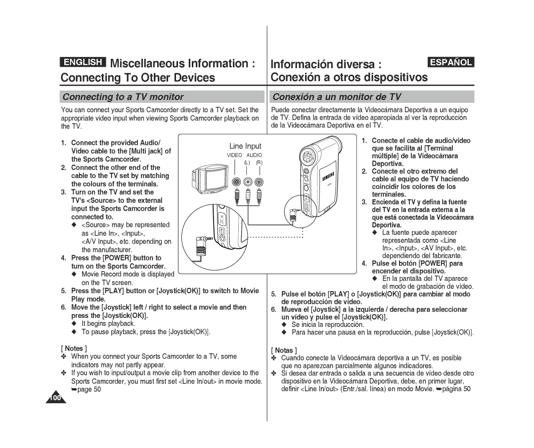 Samsung VP-X300L/XEE, VP-X300L/XEF, VP-X300/XEF, VP-X300/XET Connecting to a TV monitor, Conexión a un monitor de TV, 100 