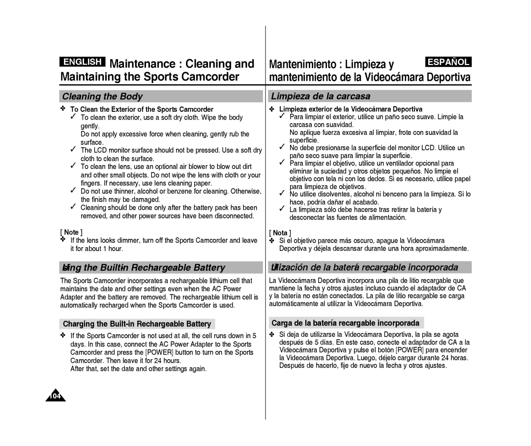 Samsung VP-X300/XET, VP-X300L/XEF manual Cleaning the Body, Limpieza de la carcasa, Using the Built-in Rechargeable Battery 