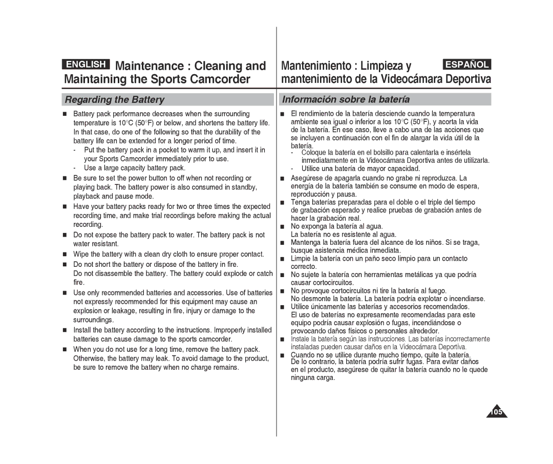 Samsung VP-X300L/XET, VP-X300L/XEF, VP-X300/XEF, VP-X300/XET manual Regarding the Battery, Información sobre la batería, 105 