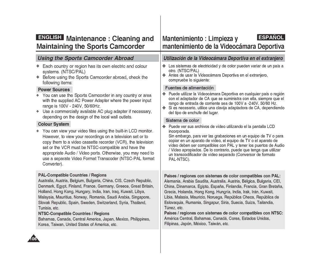 Samsung VP-X300L/XEE, VP-X300L/XEF, VP-X300/XEF manual Using the Sports Camcorder Abroad, Power Sources, Colour System, 106 