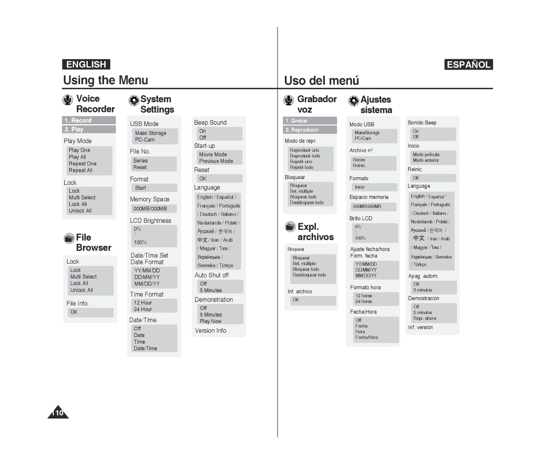 Samsung VP-X300/XET, VP-X300L/XEF, VP-X300/XEF Voice Recorder, File Browser, System Settings, Grabador voz, Ajustes sistema 