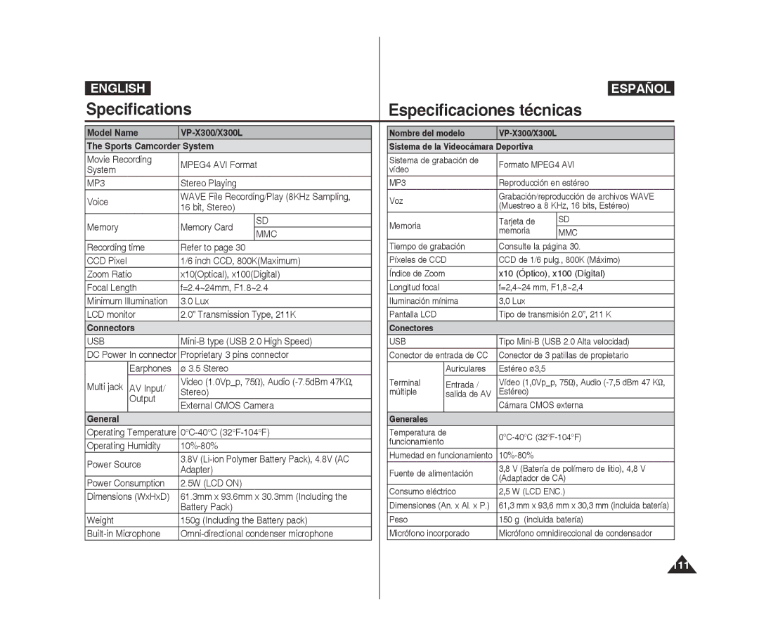 Samsung VP-X300L/XET manual Specifications Especificaciones técnicas, 111, Model Name VP-X300/X300L Sports Camcorder System 