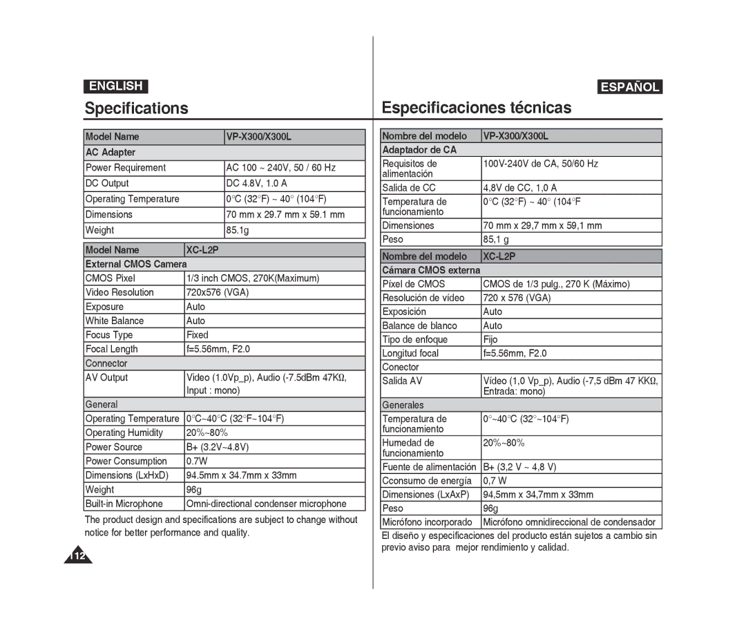 Samsung VP-X300L/XEE, VP-X300L/XEF manual Model Name VP-X300/X300L AC Adapter, External Cmos Camera, 112, Adaptador de CA 