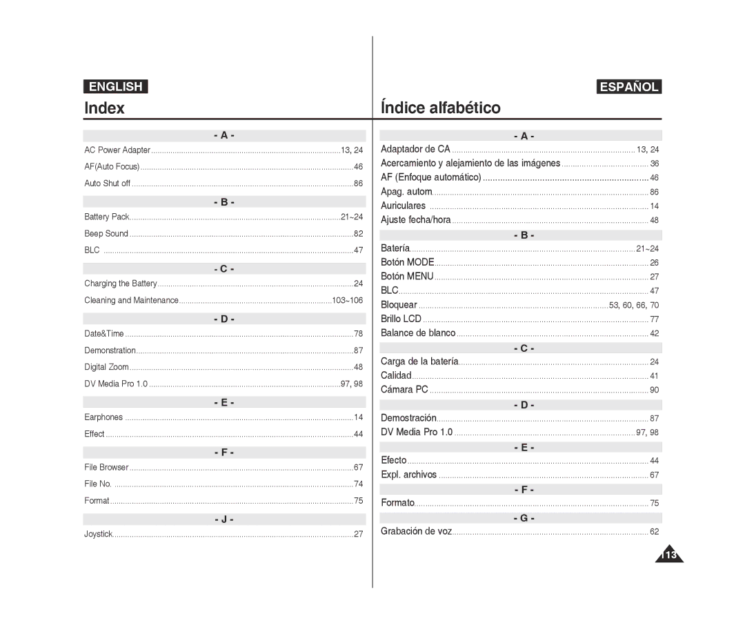 Samsung VP-X300L/XEO, VP-X300L/XEF, VP-X300/XEF, VP-X300/XET manual Index Índice alfabético, Efecto, 113, 21~24, 103~106 