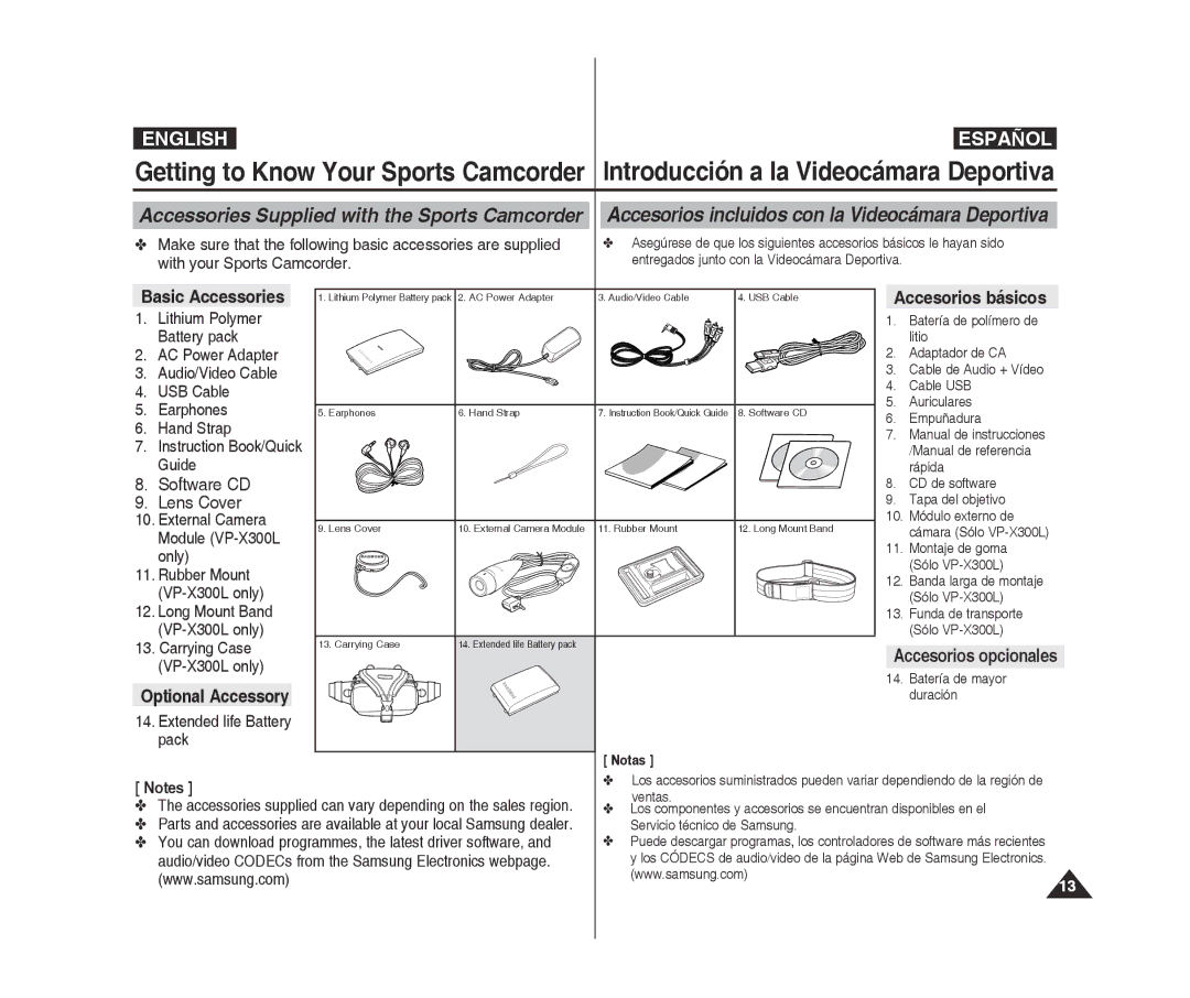 Samsung VP-X300/XEF, VP-X300L/XEF manual Basic Accessories, Optional Accessory, Accesorios básicos, Accesorios opcionales 