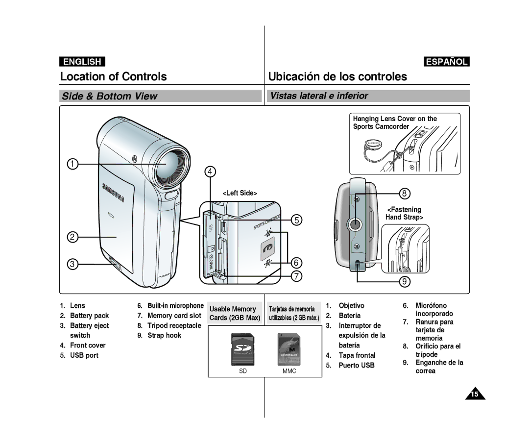 Samsung VP-X300L/XET, VP-X300L/XEF Left side, Switch, USB port, Strap hook, Objetivo, Batería, Tapa frontal, Puerto USB 