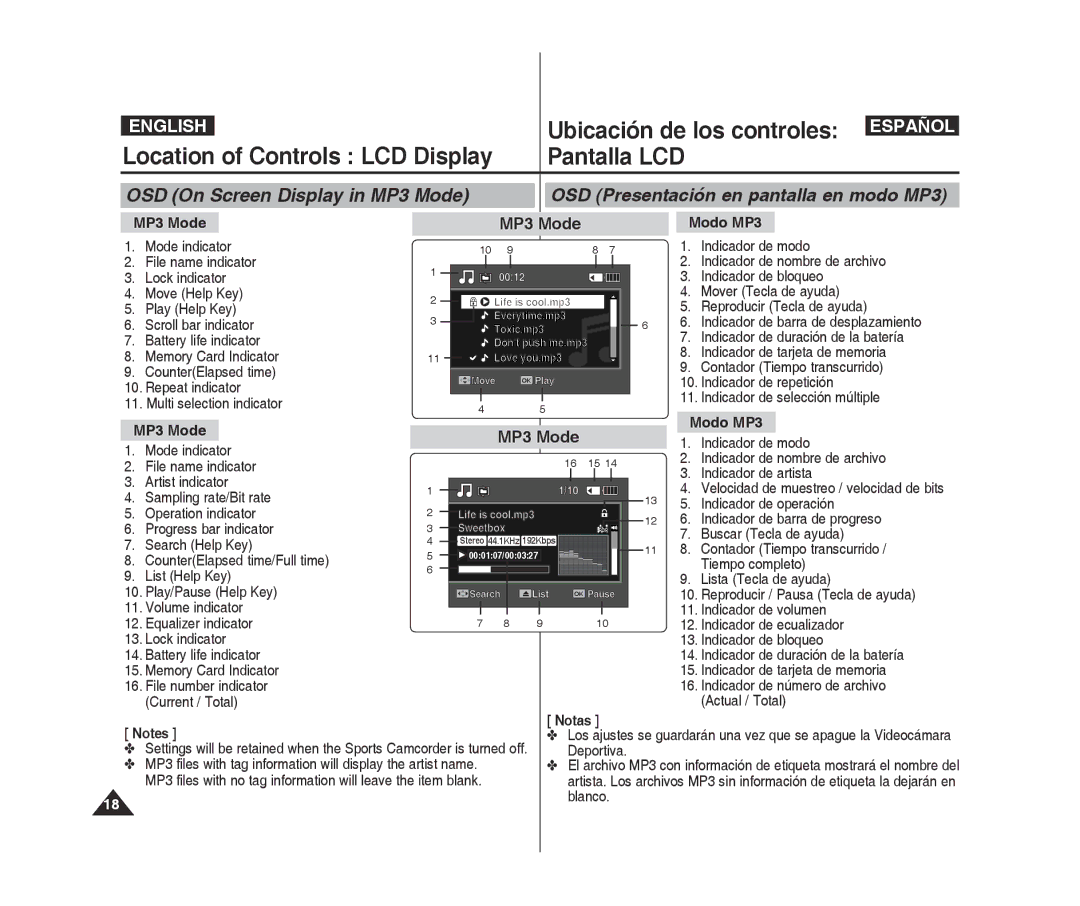 Samsung VP-X300L/XEF, VP-X300/XEF, VP-X300/XET, VP-X300L/XET, VP-X300L/XEE, VP-X300L/XEO manual MP3 Mode, Modo MP3, Notas 