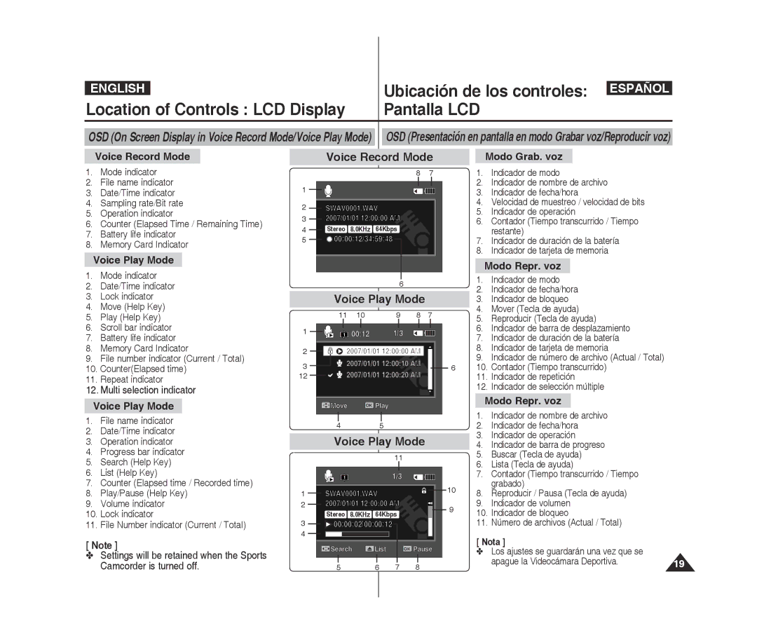 Samsung VP-X300/XEF, VP-X300L/XEF, VP-X300/XET, VP-X300L/XET, VP-X300L/XEE, VP-X300L/XEO Voice Record Mode, Voice Play Mode 