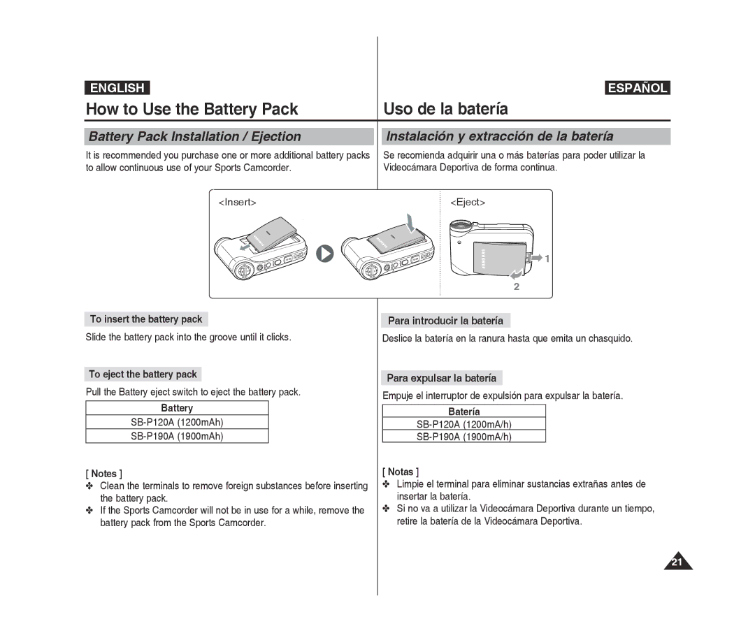 Samsung VP-X300L/XET manual To insert the battery pack, To eject the battery pack, Battery, Para introducir la batería 