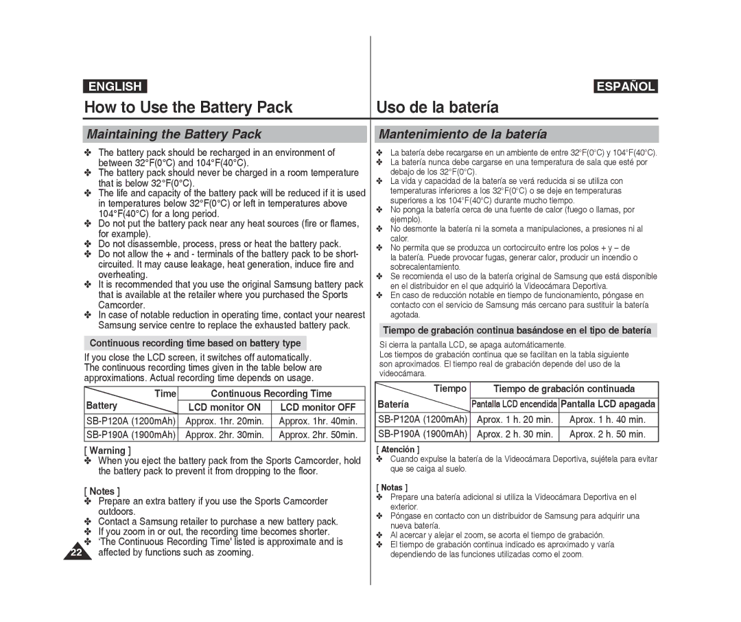 Samsung VP-X300L/XEE manual Maintaining the Battery Pack, Mantenimiento de la batería, Time Continuous Recording Time 