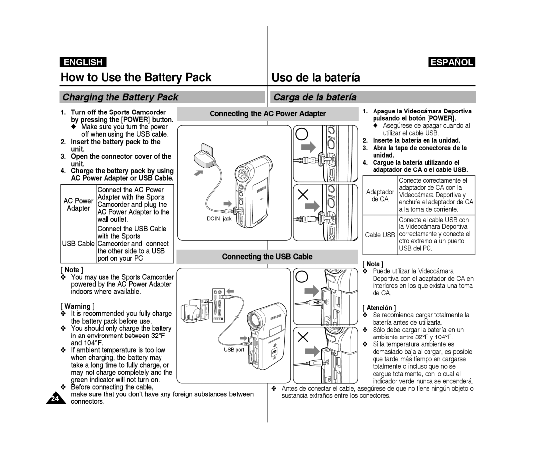 Samsung VP-X300L/XEF, VP-X300/XEF manual Charging the Battery Pack Carga de la batería, Connecting the AC Power Adapter 