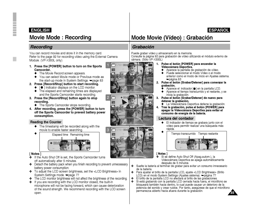 Samsung VP-X300L/XEO manual Movie Mode Recording Mode Movie Vídeo Grabación, Recording Grabación, Lectura del contador 