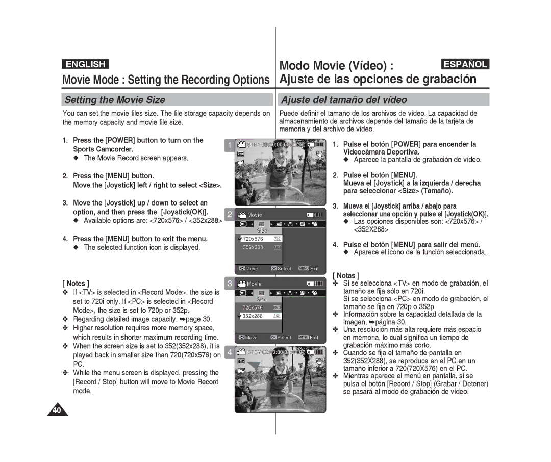 Samsung VP-X300L/XEE manual Setting the Movie Size Ajuste del tamaño del vídeo, En memoria, lo cual significa un tiempo de 